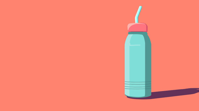 A stylized illustration of a water bottle, placed on the right side of a coral-colored background