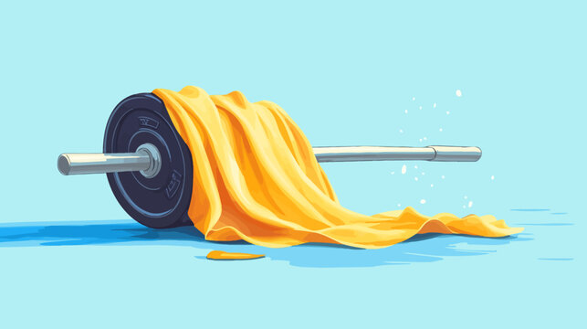 Pixelated illustration of a barbell with weight plates and a yellow towel draped on it