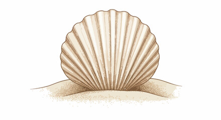 A beautiful scallop seashell rests on the sandy beach. © AAS CREATIVE