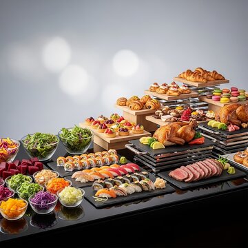 A wide variety of gourmet dishes featuring colorful salads, sushi rolls, roasted meats, and fresh pastries arranged on a long buffet table, celebration, bowl, banquet