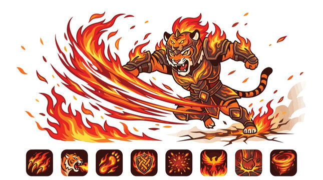 Anthropomorphic tiger warrior character in decorative fire armor performing a dynamic slashing fire attack with a row of eight game ability icons below on a white background.