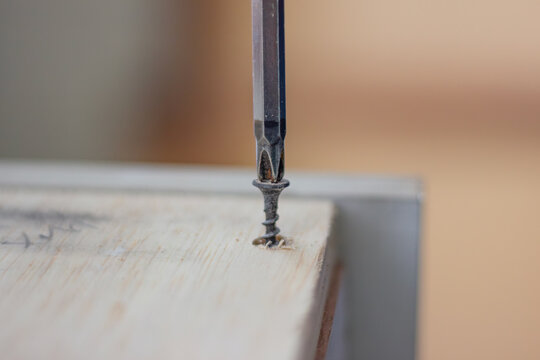 Phillips head screwdriver turning screw into wooden board