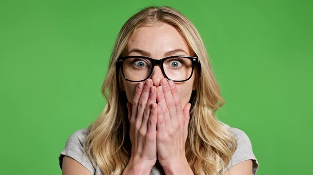 Young woman with glasses expresses shock and surprise on green screen background.