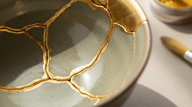 A ceramic bowl repaired with gold lacquer on a neutral surface