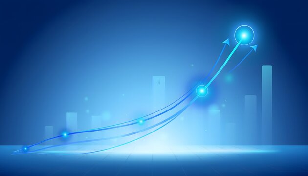 Dynamic technological growth vector illustrating business progress and digital transformation on a futuristic blue background, symbolizing success, data analytics, and future development