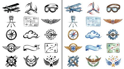 Aviation themed icons set with planes, propellers, goggles, and navigation elements in both black and white and colored versions. © Renald