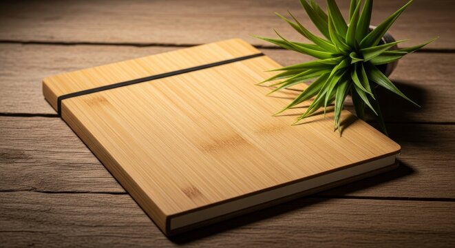 A high-quality sustainable bamboo notebook lies on a wooden surface with a green plant, emphasizing natural textures and eco-friendly design, surface, wooden, recycled
