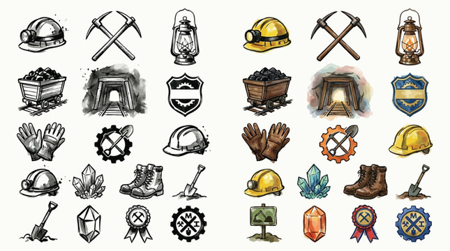 Mining industry vector icons set with tools, equipment, and symbols in sketch and color styles, depicting exploration and extraction.