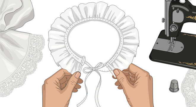 Hands Sewing Ruffled Collar Vector Illustration