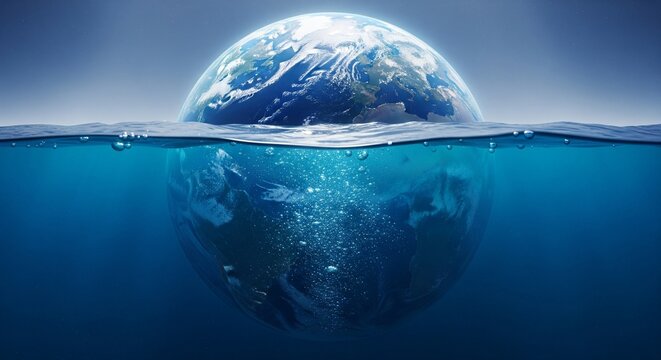 Planet Earth half submerged in ocean water representing climate change