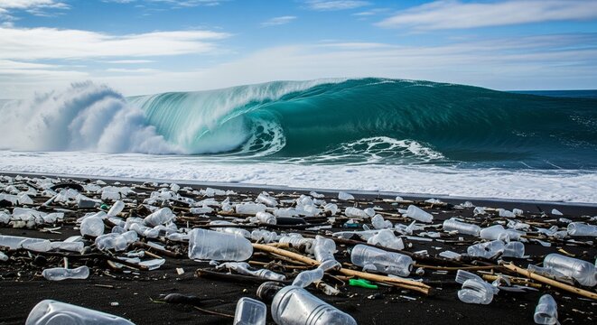 Plastic pollution bottles littering a dark sand beach with ocean waves