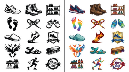 Obraz premium A collection of shoe-related icons including sneakers, boots, sandals, footprints, and shoe racks, with both black and white and colorful versions.