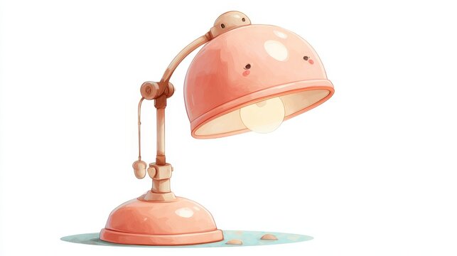 Cute pink vintage desk lamp with polka dot shade, glowing soft light, cozy study room decor and reading corner ambiance.