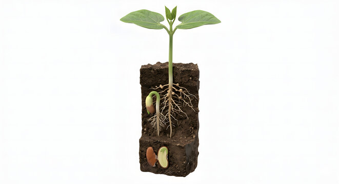 Scientific 3D Render of Epigeal Plant Germination with Soil Cross-Section