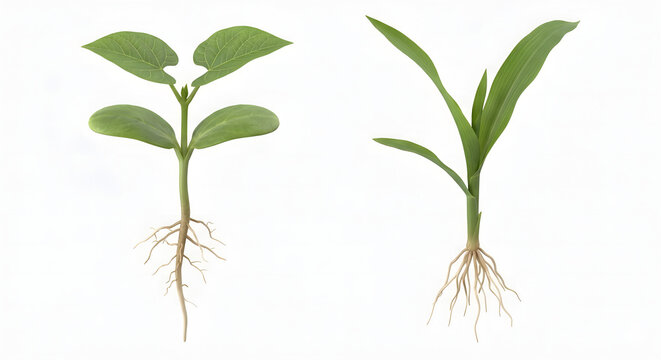 Scientific 3D Comparison of Monocot and Dicot Seedlings Isolated on White Background