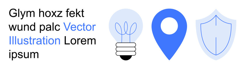 Innovation, navigation, safety, technology, protection, problem-solving. Graphic of a light bulb, location pin and shield. Innovation and technology concepts creativity and security © robu_s
