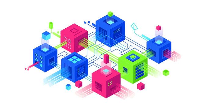 Colorful isometric cubes with glowing circuits.