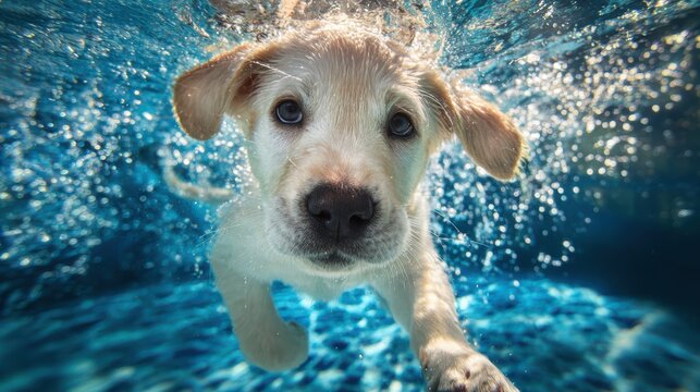 Funny underwater picture of puppies in swimming pool playing deep dive action training game with family pets and popular dog breeds during summer holidays. recreation, relax, generate by AI
