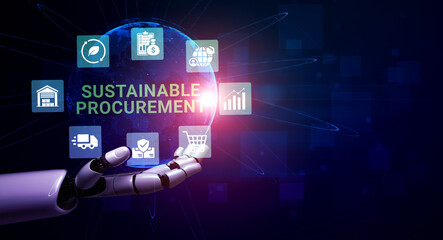 Fototapeta premium Sustainable Procurement and Technology Integration with Robotic Hand Holding Digital Icons of Supply Chain Management and Eco-Friendly Practices Ledger.