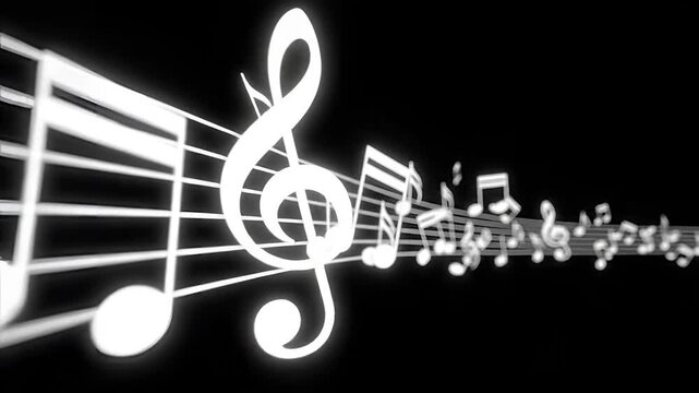 Abstract Musical Notes Flowing on Staff Lines with Light Streaks.