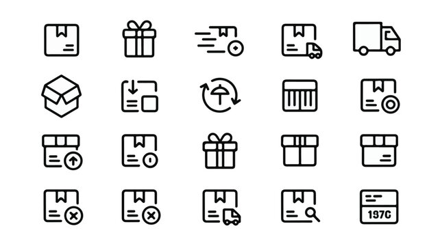 Comprehensive Black and White Line Art Icons Set for Shipping and E-commerce Logistics