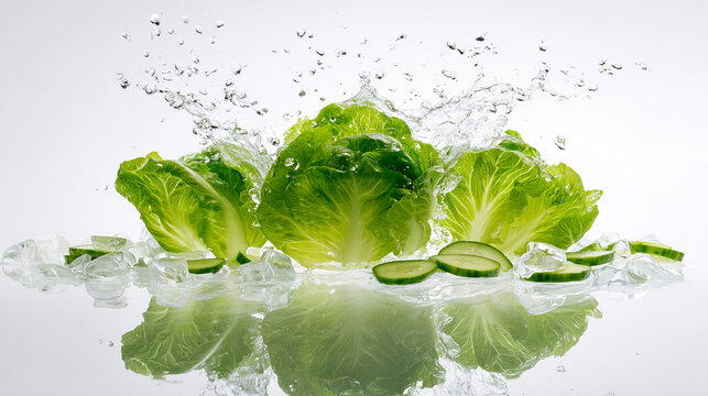 Green Lettuce Leaves with Water Drops and Ice Freshness Concept
