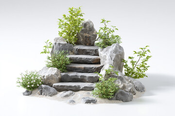 Obraz premium Stone Garden Stairs with Plants Isolated on White Background