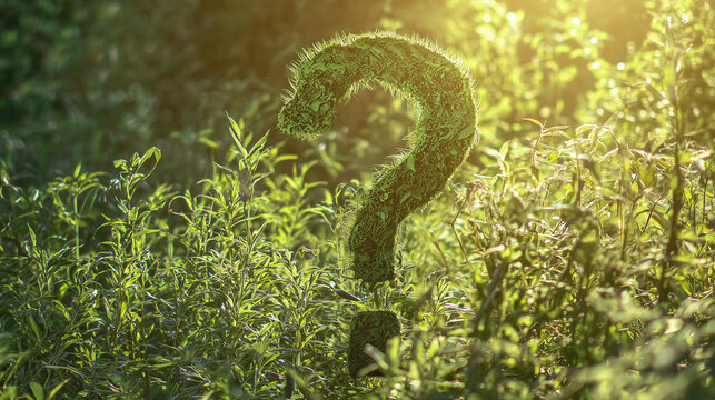 Green Question Mark Shape Made of Grass in Natural Forest Background