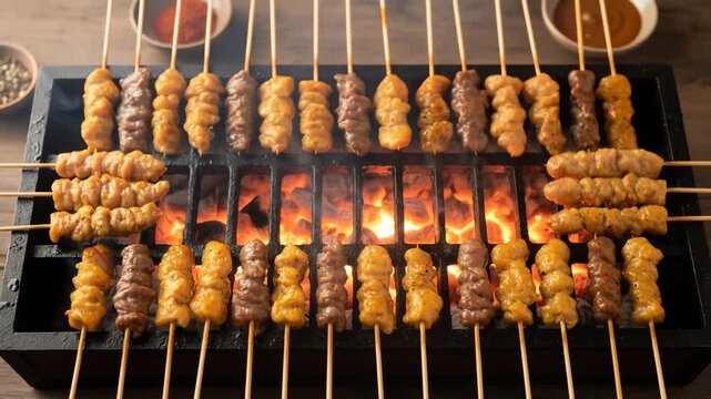 Satay Skewers Cooking Overhead Timelapse &mdash; Indonesian BBQ 4K