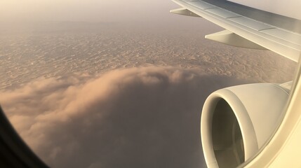 Fototapeta premium View from airplane window over desert dunes and clouds with engine and wing visible