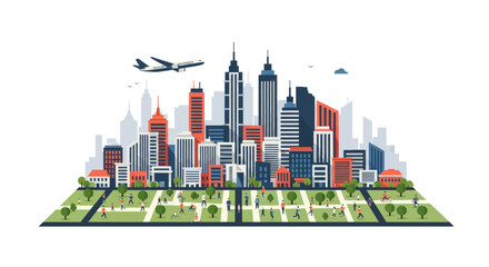 Fototapeta premium Modern Smart City Skyline with Airplanes Flying Over Urban Landscape and Green Spaces