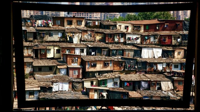 Dense urban slum housing with corrugated metal roofs and laundry hanging