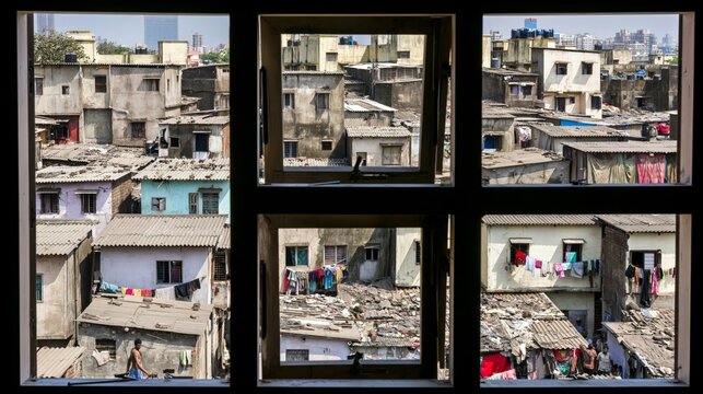 View of a densely populated urban slum with laundry hanging outside homes