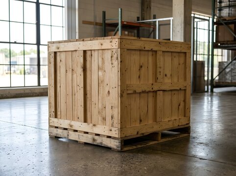 Large wooden shipping crate on a pallet sitting inside an empty industrial warehouse bathed in natural light