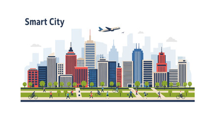 Obraz premium Vector illustration of a modern smart city skyline featuring eco-friendly buildings, renewable energy sources, and advanced infrastructure in a clean, futuristic style.