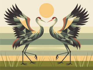 Naklejka premium Geometric cranes dancing at sunrise, modern flat vector illustration of elegant birds in abstract wetland landscape background