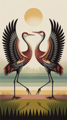 Naklejka premium Elegant pair of stylized cranes dancing at sunset, symmetrical bird illustration with long legs, wings spread, modern nature art