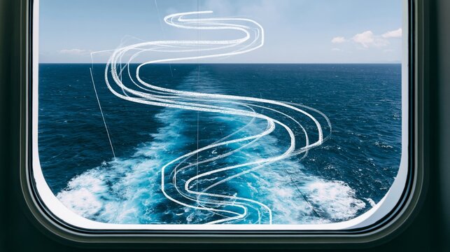 View from a ship window showing a wake and abstract white lines on the ocean