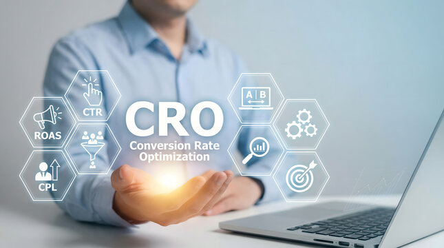 CRO Conversion Rate Optimization Digital Marketing Strategy with Icons and Laptop