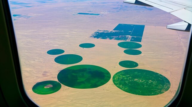 Aerial view of circular agricultural fields in a desert landscape from an airplane window