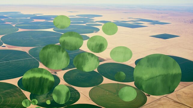 Aerial view of circular agricultural fields in a desert landscape