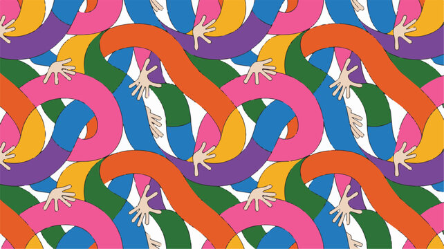 A vibrant retro-style pattern design featuring intertwined colorful abstract shapes and reaching hands