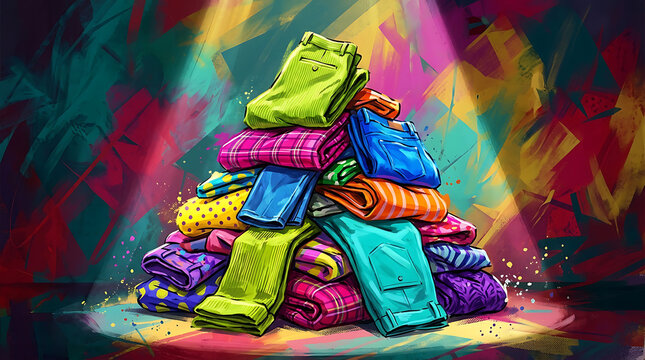 A vibrant stack of colorful trousers and patterned garments forms a visually appealing pyramid, showcasing fashion variety and organized apparel.