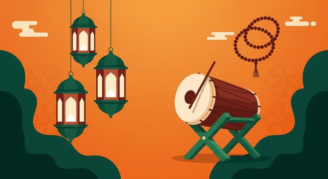 Ramadan Kareem background with hanging lanterns and drum illustration