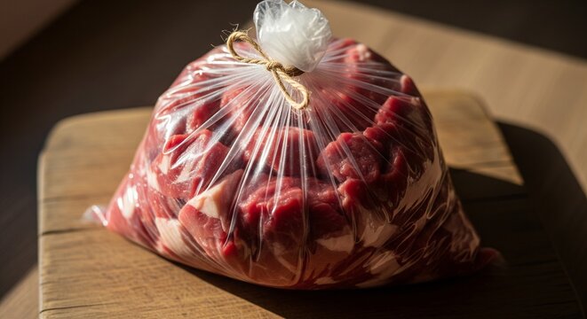 Raw beef cubes in a plastic bag tied with string on a wooden board