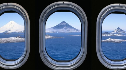 Fototapeta premium View of snow-capped volcanic islands from airplane windows over the ocean
