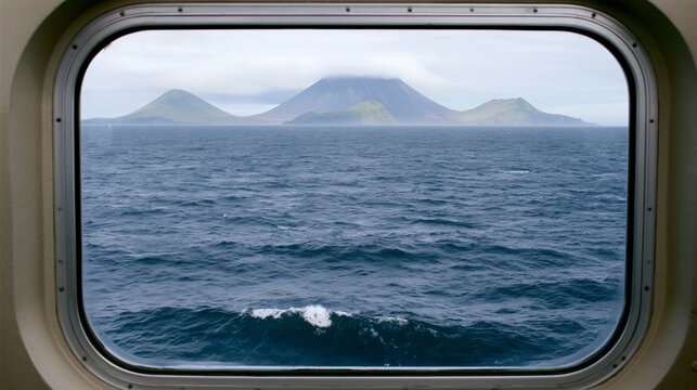 View of volcanic islands and choppy ocean through a ship's porthole window