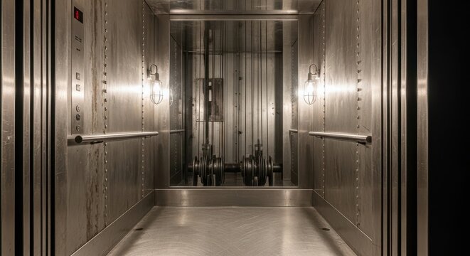 Industrial Style Elevator Interior with Exposed Rivets and Vintage Lighting Fixtures