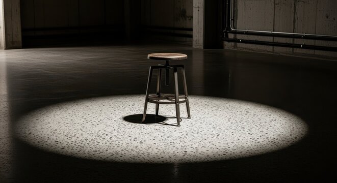 An industrial-style adjustable bar stool with a wooden seat sits spotlighted on a textured concrete floor.