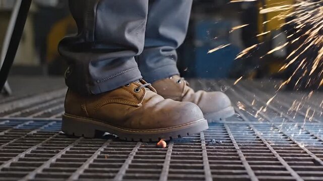 A welder's boots stand on a metal grate as sparks fly during industrial fabrication work.